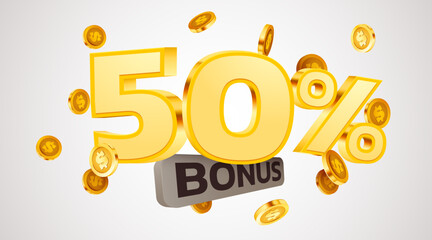 50 percents bonus. Falling golden coins. Cashback or prize concept.