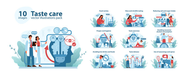 Taste Care Concept set. A comprehensive guide to maintaining taste health, featuring dietary variety, mindful eating, oral hygiene, and sensible consumption practices. Flat vector illustration.