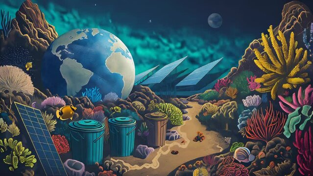 An object representing Earth centered amidst a colorful underwater world, with coral reefs, tropical fish, and ruins depicting a vibrant marine ecosystem.
