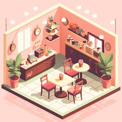 Isometric Flat Illustration of Cozy Coffee Shop Isolated on Pink Background