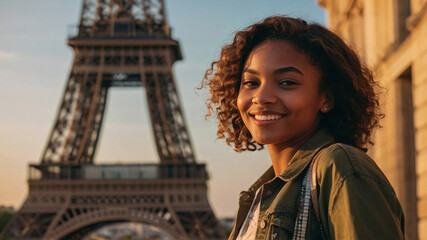 Ragazza afro-americana sorride felice davanti alla Torre Eiffel al tramonto durante una vacanza a Parigi