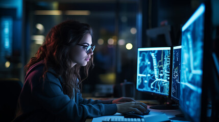 girl in front of the computer working on python code on the screen