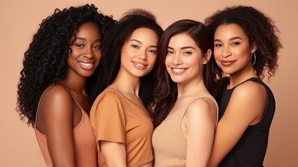 Diverse group of joyful women posing together in a studio setting