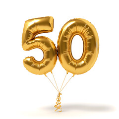 Golden number fifty metallic golden balloon isolated on white background