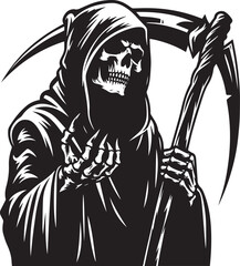 Grim Reaper silhouette. Angel of Death. death taker. Image of death in black clothes with a scythe in the center, black hood.