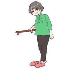 手すりにつかまり、靴を履くシニアの女性2