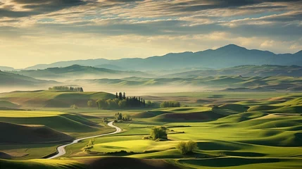 Poster Farm landscape photograph. Sprawling farmland over flowing hills. © Meta