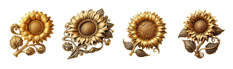 4 Old fashioned sunflower brooch made of gold with intricate design set against a transparent background