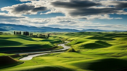 Farm landscape photograph. Sprawling farmland over flowing hills.