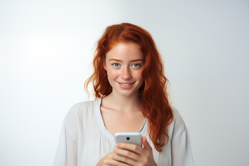 Fototapeta premium Young pretty redhead girl over isolated white background using mobile phone