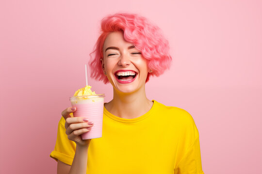 Young pink haired woman over isolated colorful background with strawberry milkshake - Powered by Adobe