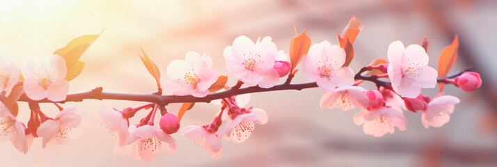 Spring banner with beautiful blossoming Sakura branch. 