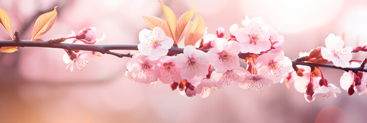 Spring banner with beautiful blossoming Sakura branch. 