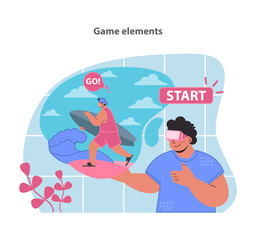 Embark on a fitness adventure with our game element-infused VR workout, where starting your exercise is as fun as play, captured in this inspiring and colorful vector scene.