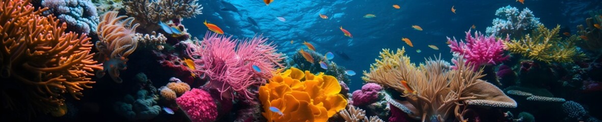 Tropical sea underwater fishes on coral reef. Aquarium oceanarium wildlife colorful marine panorama landscape nature snorkel diving. Generative AI