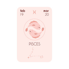 Card with astrology zodiac sign Pisces, cartoon style vector illustration