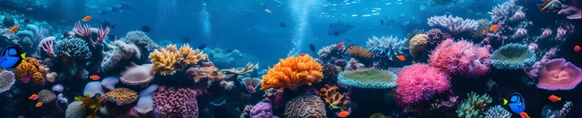 Tropical sea underwater fishes on coral reef. Aquarium oceanarium wildlife colorful marine panorama landscape nature snorkel diving. Generative AI