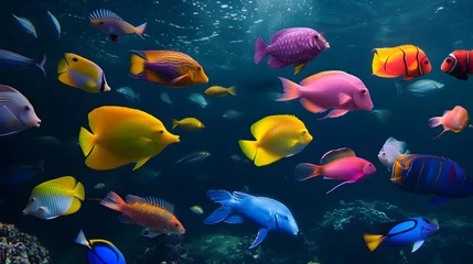 Cercles muraux Récifs coralliens Tropical sea underwater fishes on coral reef. Aquarium oceanarium wildlife colorful marine panorama landscape nature snorkel diving. Generative AI