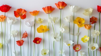 Elegant spring tulips and poppies arrangement on a pure white background. Vibrant and colorful bouquet of fresh spring flowers in full bloom.
