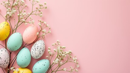 Naklejka na ściany i meble Soft pastel Easter eggs with delicate baby's breath flowers on a pink background with space for text. Artistic flat lay of painted Easter eggs and spring florals for festive decoration.