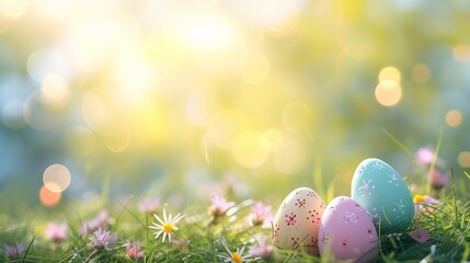 Pastel painted Easter eggs among daisies in a spring meadow with morning bokeh. Serene Easter morning with decorated eggs in soft sunlight.