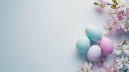Tranquil Easter eggs with cherry blossoms on a soft blue background with space for text. Fresh...