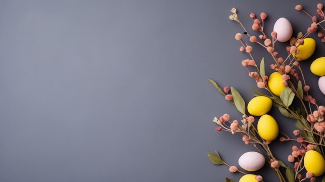 Minimalist Easter egg decoration with yellow eggs and pussy willow on grey background with space for text. Elegant spring Easter arrangement in a flat lay design.