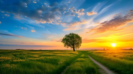 Obraz premium A nature landscape of beautiful sunlight, long shot, a big tree on field. Generative AI