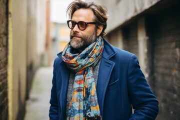 Portrait of a handsome bearded man in a blue coat and scarf.