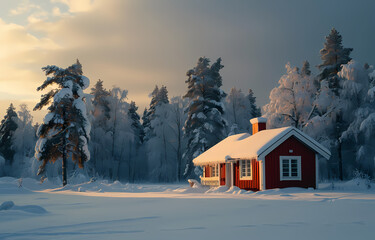 house in the snow in a quiet winter landscape sunrise sunset cloudy