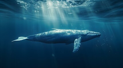 Fototapeta premium A whale swims in the deep blue sea among other small fish. Generative AI