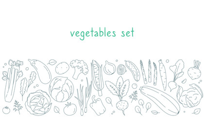 Vegetable border, a horizontal template for your design. Icons of vegetables and greens, doodle. Modern illustration in hand-drawn style for menu, cover, packaging.