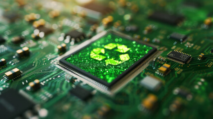 Concept of green technology. green recycle sign on circuit board technology innovations. Environment Green Technology Computer Chip.Green Computing, Green Technology, Green IT, CSR, and IT ethics