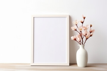 Ceramic vase with blooming cherry tree branch and white photo frame border on empty wall standing on wooden table. Mock up template product placement concept
