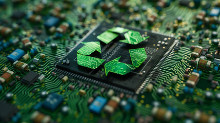 Concept of green technology. green recycle sign on circuit board technology innovations. Environment Green Technology Computer Chip.Green Computing, Green Technology, Green IT, CSR, and IT ethics