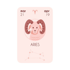 Horoscope Astrology Aries zodiac card with constellation, date, sign and symbol, Horoscope beige colors vector design