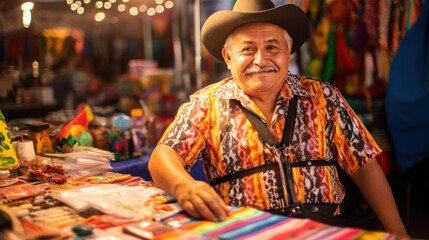 Friendly vendor in cowboy hat at Mexican market crafts table