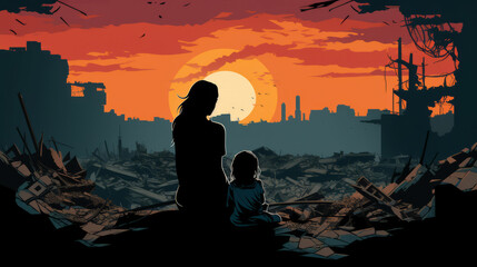 Silhouetted figures watching sunset amidst ruins in a post-apocalyptic world