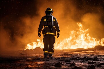 Lone firefighter facing large fire in hazardous environment