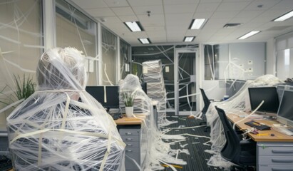 April Fools Day Business colleagues with funny disguise laughing in office. April Fools Day celebration