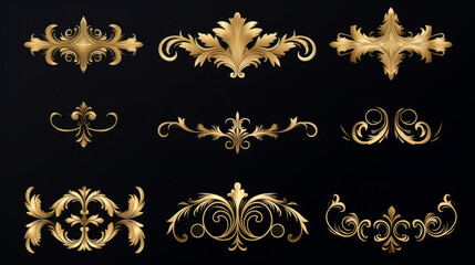 Elegant gold filigree designs set on a black background for luxury themes - obrazy, fototapety, plakaty
