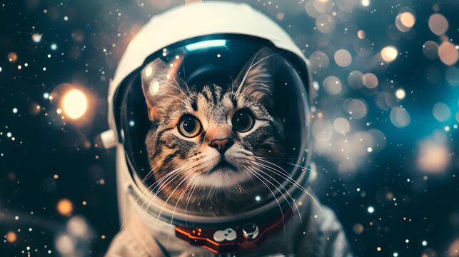 A cat in astronaut suit on space galaxy background. Generative AI