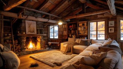 Cozy Interior of a Rustic Cottage with Fireplace and Warm Lighting
