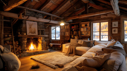 Fototapeta premium Cozy Interior of a Rustic Cottage with Fireplace and Warm Lighting 