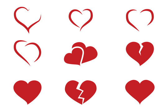 Red heart collection icon, love symbol isolated on white, vector