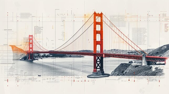 Golden Gate Bridge, Usa.  double exposure contemporary style minimalist artwork collage illustration. Ai generative.