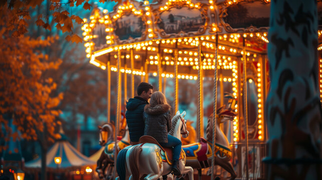 cute young beautiful couple guy and girl riding on merry go round carousel together in an amusement park in the dark evening night having romantic and fun. from behind back