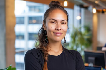 indigenous business woman portrait in modern office with creative hairstyle, diversity 