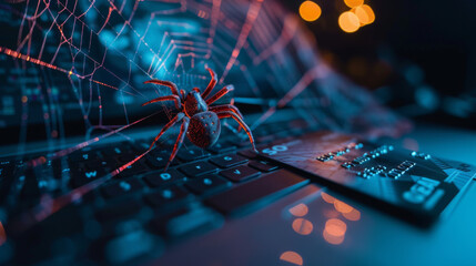 Cyber security concept with spider is stolen credit card information from user on laptop computer and collect in spider web represent spyware looking to steal banking information 