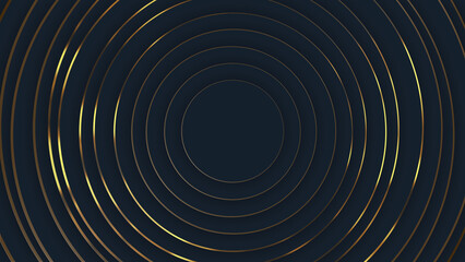 Dark blue and golden abstract luxury circular background. Presentation, event, party, text, backdrop. Blank frame. 